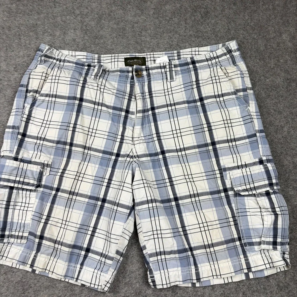 Eddie Bauer Cargo Shorts Mens 40 Blue White Plaid Cotton Outdoor Hiking‎ Utility